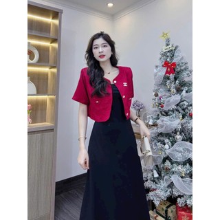 Đầm nữ mặc đi chơi Tết chất thun tăm hai dây váy maxi dáng xoè phối áo khoác lennin tay ngắn thời trang