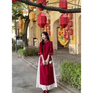 Set áo dài nữ mặc chúc TẾT áo dài chất nhung cứng cổ tròn tay lỡ thêu viền phối váy tơ maxi xoè chuẩn shop