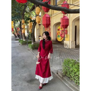 Set áo dài nữ mặc chúc TẾT áo dài chất nhung cứng cổ tròn tay lỡ thêu viền phối váy tơ maxi xoè chuẩn shop