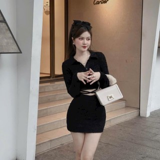 Sét váy nữ mặc đi chơi Tết chất tăm lạnh áo croptop ôm cổ sơmi tay dài hở dây eo mix chân váy ngắn ôm có lót