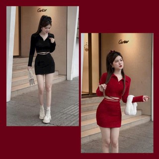 Sét váy nữ mặc đi chơi Tết chất tăm lạnh áo croptop ôm cổ sơmi tay dài hở dây eo mix chân váy ngắn ôm có lót