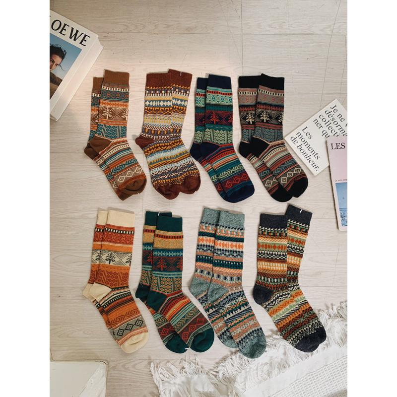 Tất Vớ Nam Nữ Haste Cổ Cao Retro Họa Tiết Thổ Cẩm Phong Cách Vintage Thời Trang Thu Đông Chất Cotton Ấm Áp