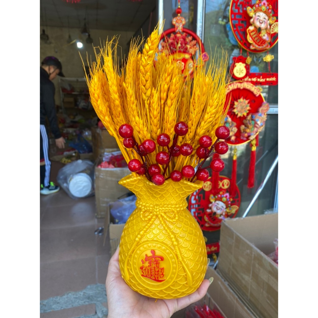 Set 3 món bình kèm bông lúa đào đông tài lộc - Bông lúa mạch trang trí bó 100 bông