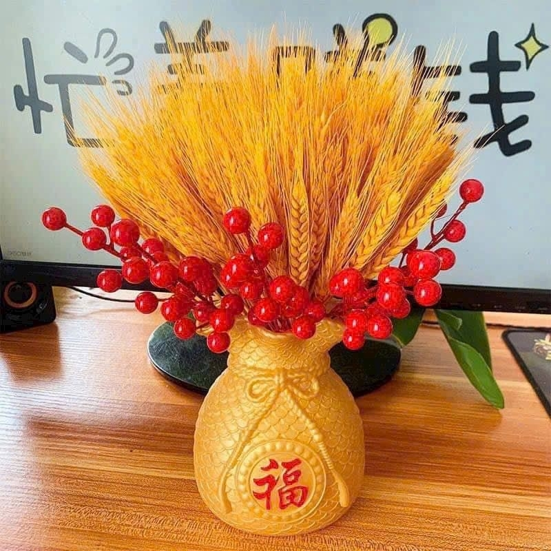 Set 3 món bình kèm bông lúa đào đông tài lộc - Bông lúa mạch trang trí bó 100 bông