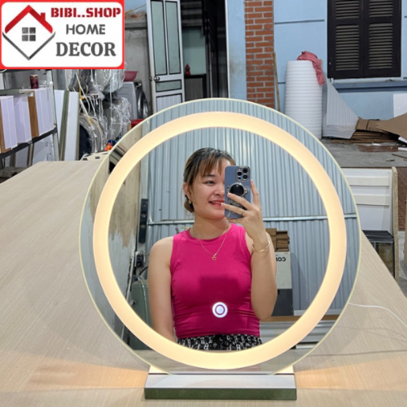 Gương Trang Điểm LED Cảm Ứng Để Bàn Có Đèn 3 Chế Độ Sáng Tặng Đế Gỗ
