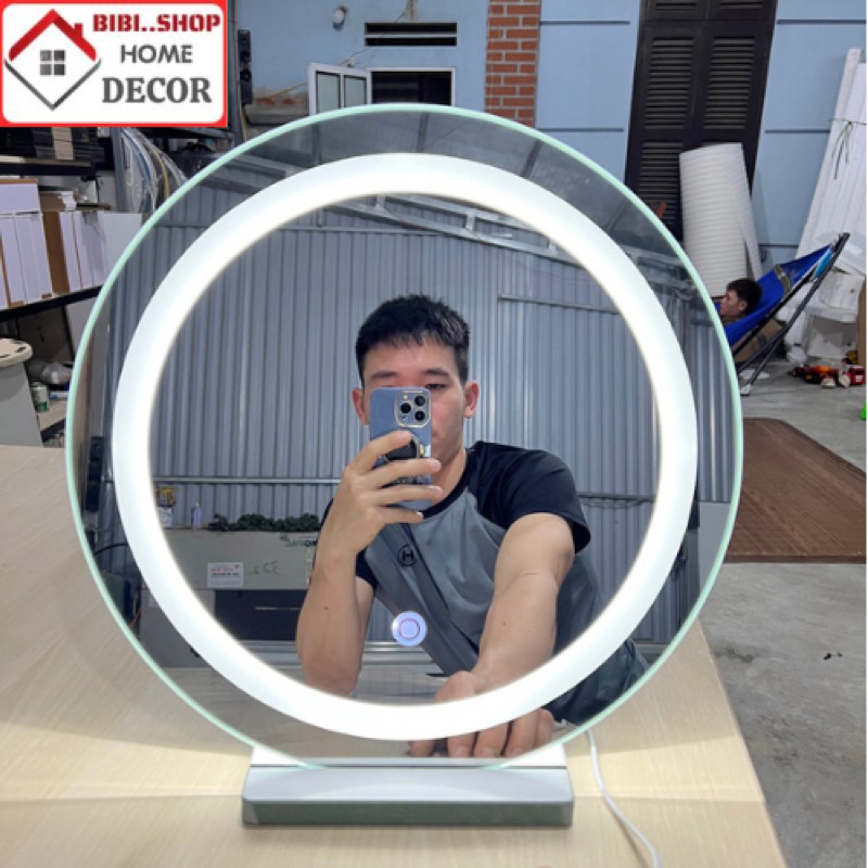 Gương Trang Điểm LED Cảm Ứng Để Bàn Có Đèn 3 Chế Độ Sáng Tặng Đế Gỗ