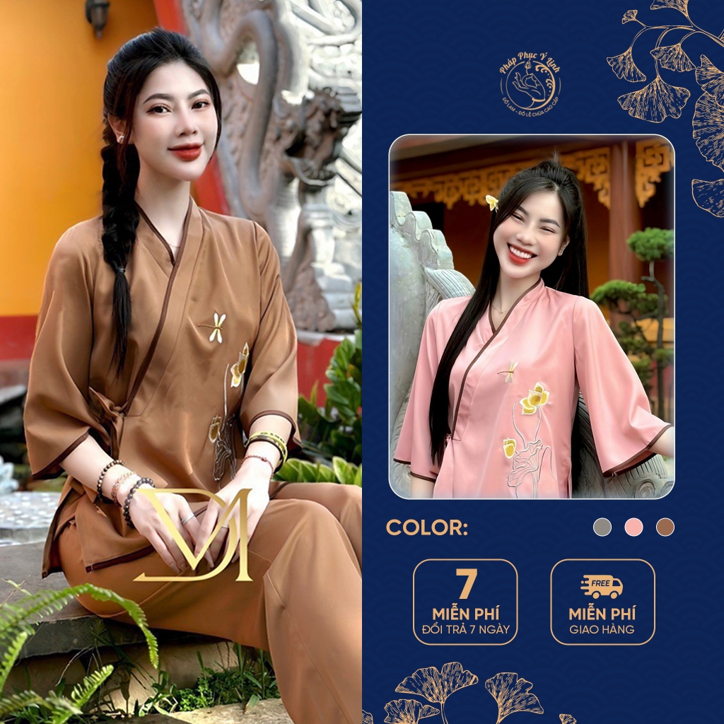 Bộ Pháp Phục Đi Chùa Lụa Trượt Thêu Sen Chuồn - Qu…