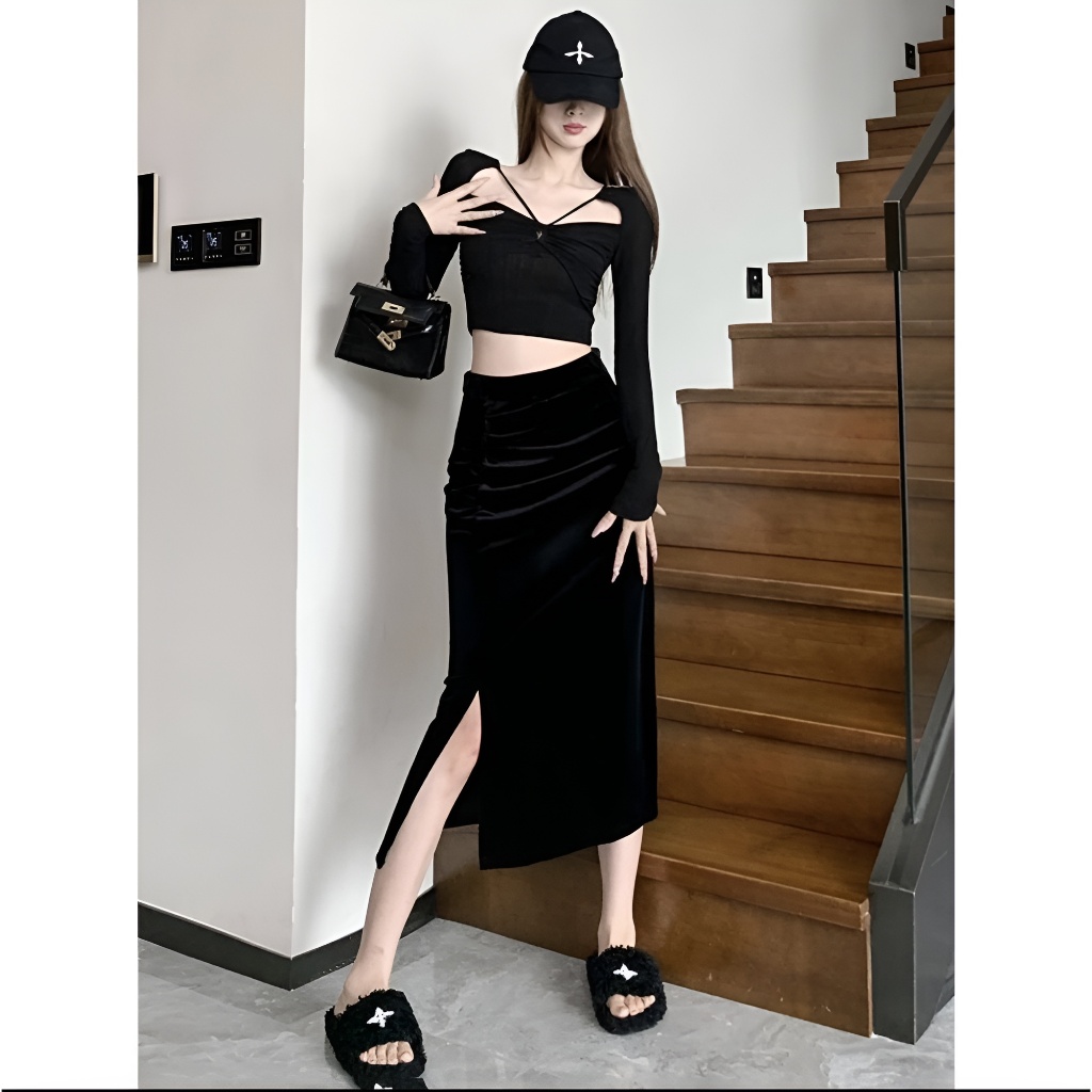 Chân Váy Nhung Sẻ Bên 70cm_Chất Liệu Nhung_May 1 lớp_Chân Váy Công Sở_CV77
