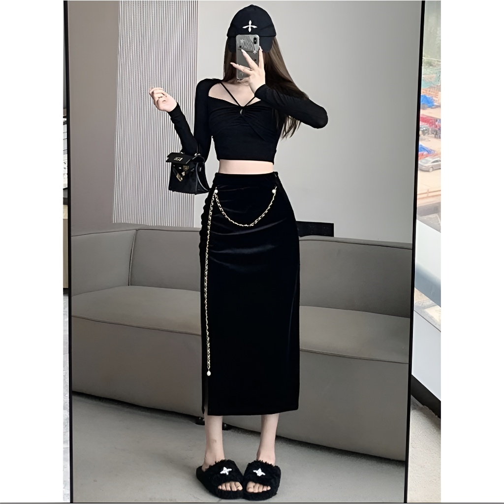 Chân Váy Nhung Sẻ Bên 70cm_Chất Liệu Nhung_May 1 lớp_Chân Váy Công Sở_CV77