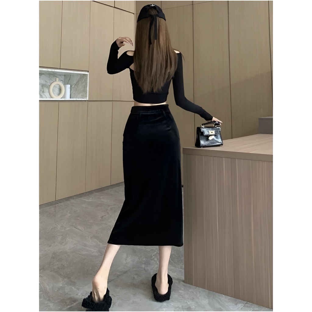 Chân Váy Nhung Sẻ Bên 70cm_Chất Liệu Nhung_May 1 lớp_Chân Váy Công Sở_CV77