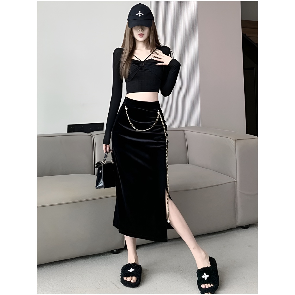 Chân Váy Nhung Sẻ Bên 70cm_Chất Liệu Nhung_May 1 lớp_Chân Váy Công Sở_CV77
