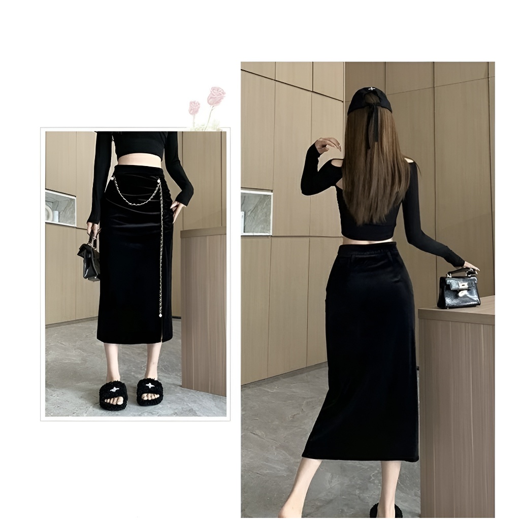 Chân Váy Nhung Sẻ Bên 70cm_Chất Liệu Nhung_May 1 lớp_Chân Váy Công Sở_CV77