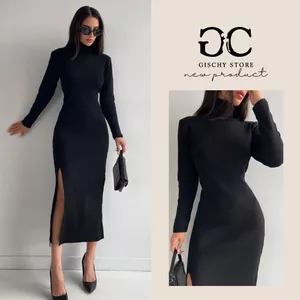 Đầm Body GISCHY Cao Cấp Thun Gân Tay Dài Xẻ Tà 1 Bên Cổ Cao Cho Nữ Đi Chơi Đi Tiệc - GC24
