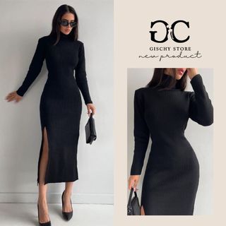 (XẢ KHO) Đầm Body GISCHY Cao Cấp Thun Gân Tay Dài Xẻ Tà 1 Bên Cổ Cao Cho Nữ Đi Chơi Đi Tiệc - GC24