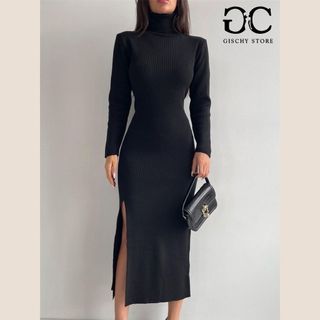 (XẢ KHO) Đầm Body GISCHY Cao Cấp Thun Gân Tay Dài Xẻ Tà 1 Bên Cổ Cao Cho Nữ Đi Chơi Đi Tiệc - GC24