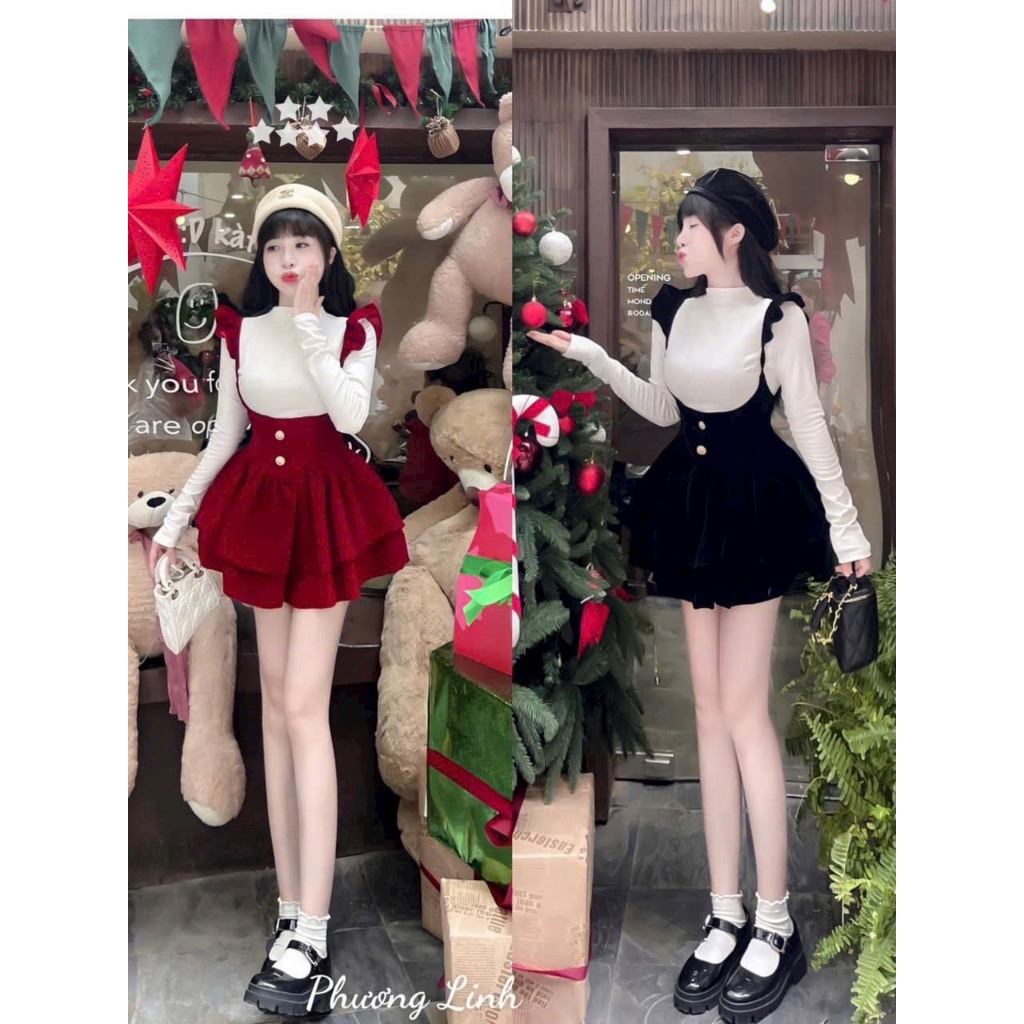 Set váy nữ ,Set yếm váy Nhung cánh tiên ,dáng xoè tầng, phối áo trắng ...