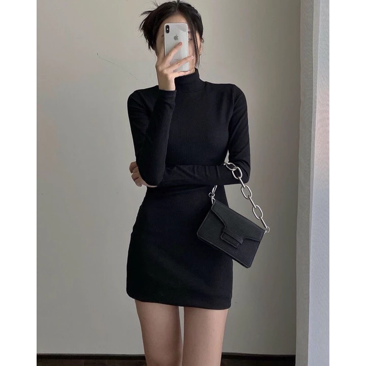 Váy body cổ lọ dài tay đầm ôm body vải thun len tăm co giãn váy len nữ dáng ôm sexy cổ cao ấm áp V891 PANOSI
