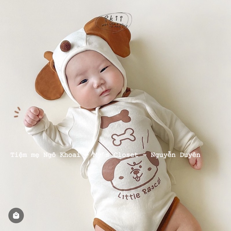 [MD58] Body suit/ áo liền thân dài tay kèm mũ xinh hoạ tiết cún iuu cho bé