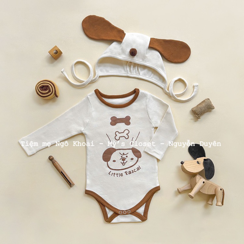 [MD58] Body suit/ áo liền thân dài tay kèm mũ xinh hoạ tiết cún iuu cho bé
