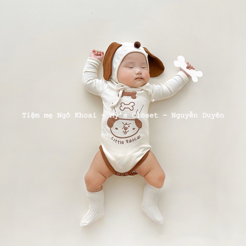 [MD58] Body suit/ áo liền thân dài tay kèm mũ xinh hoạ tiết cún iuu cho bé