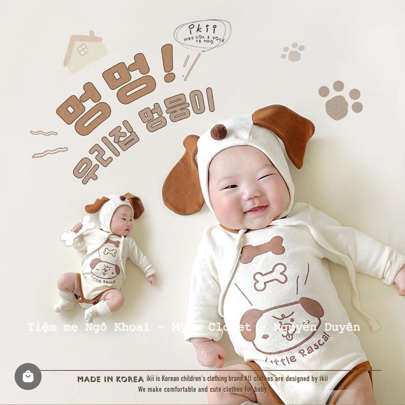 [MD58] Body suit/ áo liền thân dài tay kèm mũ xinh hoạ tiết cún iuu cho bé