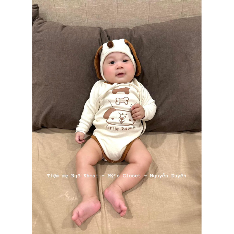 [MD58] Body suit/ áo liền thân dài tay kèm mũ xinh hoạ tiết cún iuu cho bé
