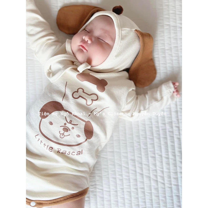 [MD58] Body suit/ áo liền thân dài tay kèm mũ xinh hoạ tiết cún iuu cho bé