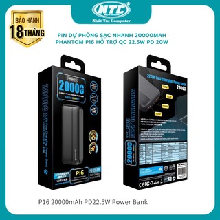 Cục Tích Điện sạc nhanh PHANTOM P16 siêu bền 20000mAh hỗ trợ QC 22.5 và PD 20W (màu ngẫu nhiên)