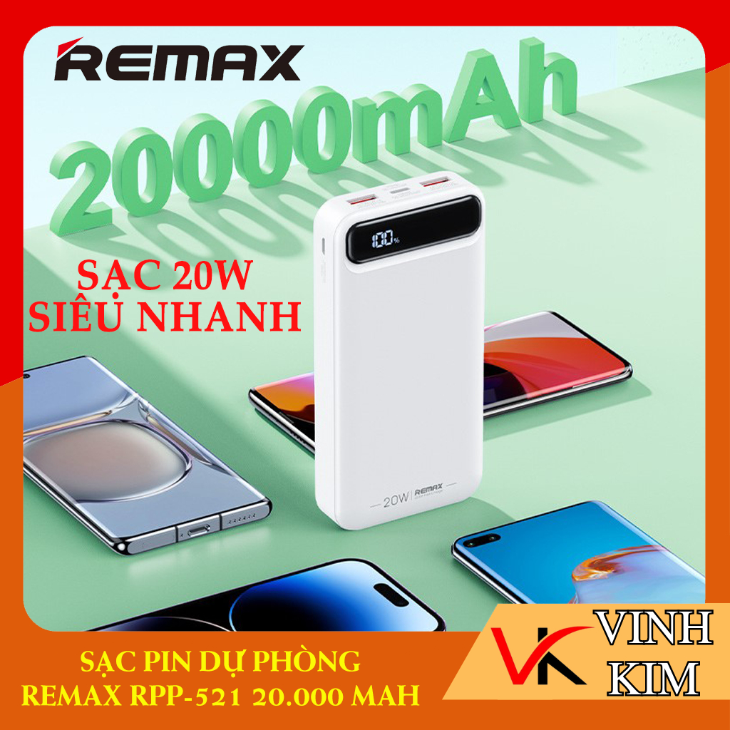 Sạc dự phòng 20000mAh Remax RPP-521, QC 22.5W/ PD 20W, màn hình LCD ...