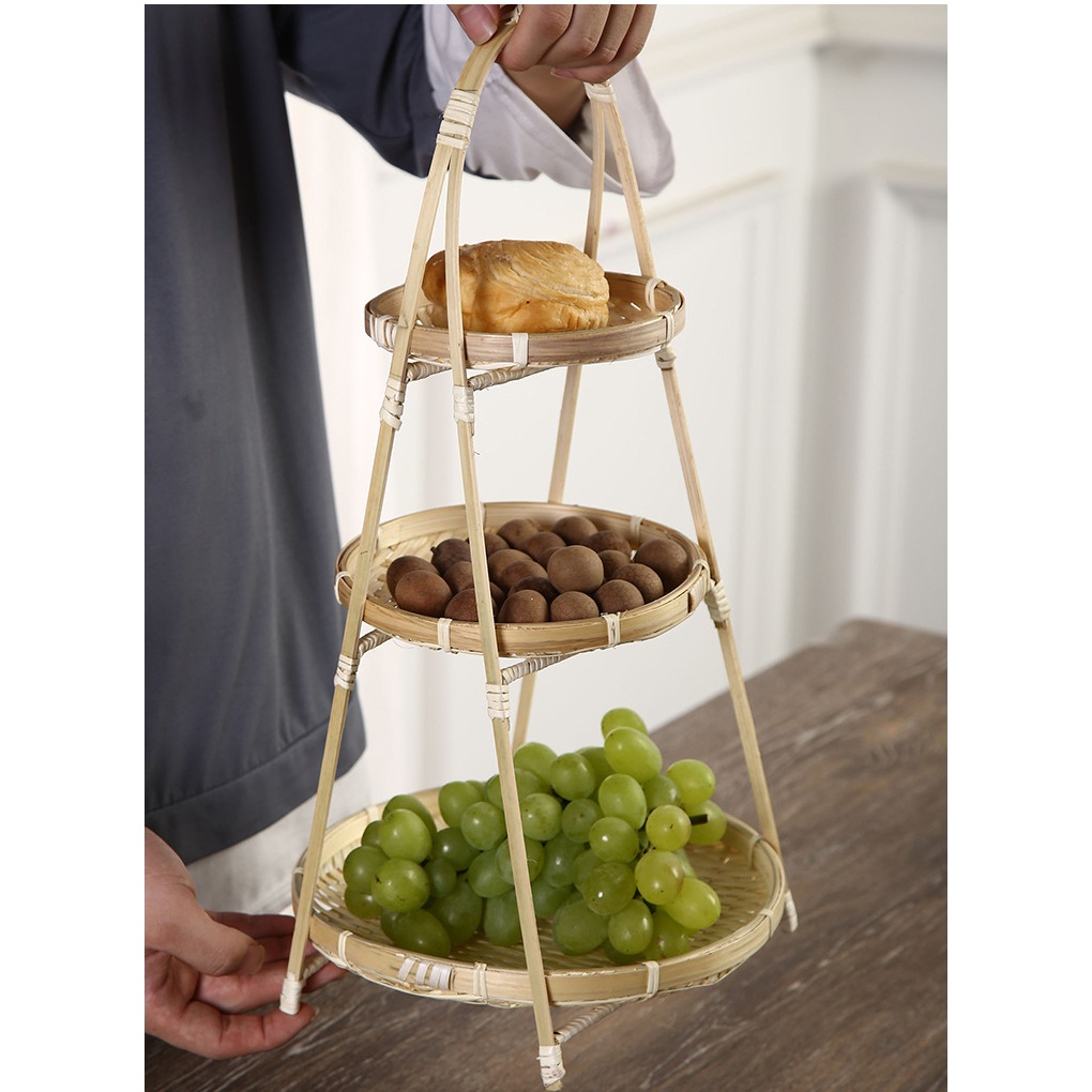 Mẹt Tre 3 Tầng ONGTRE, Kệ Mẹt Tre Đựng Bánh Kẹo, Trái Cây, Thức Ăn, Giá Tre Decor Bàn Tiệc