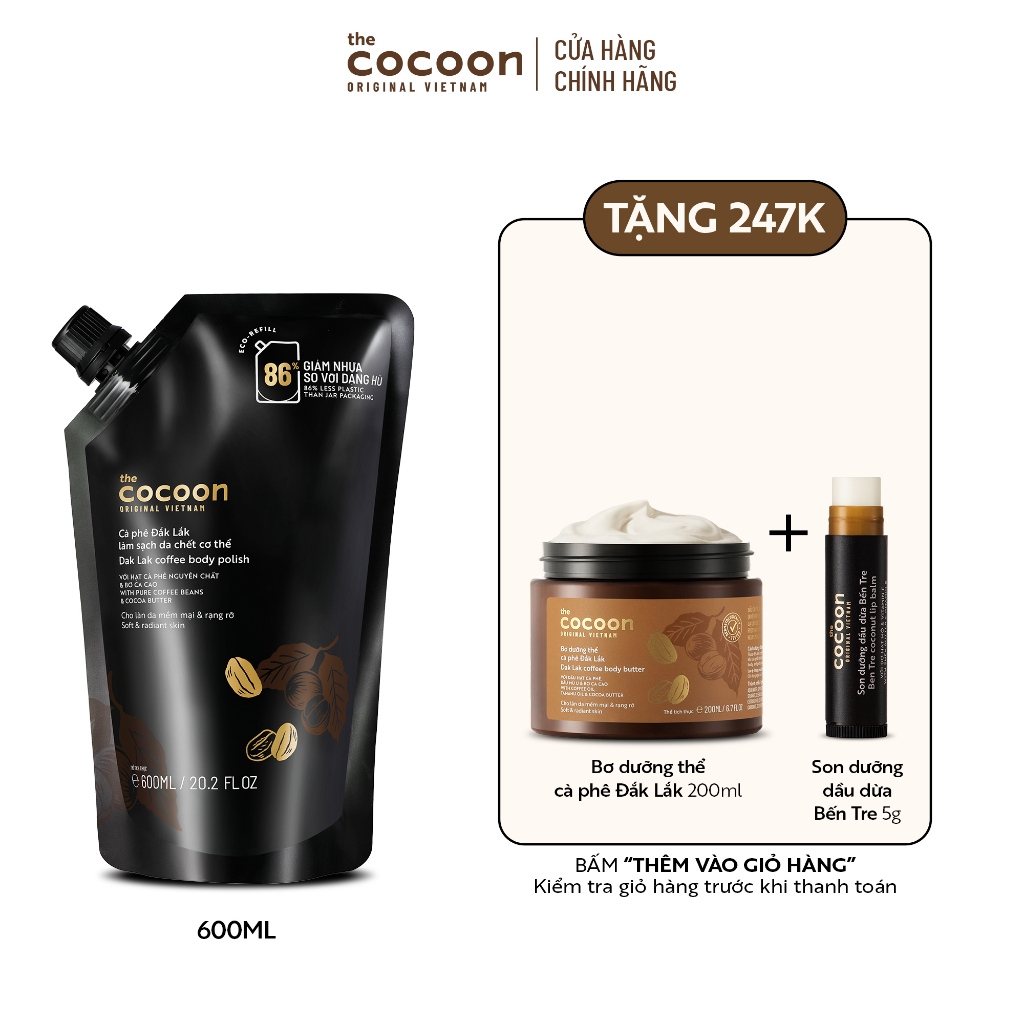 (Đã bán 21,9k) Túi Refill - Cà phê Đắk Lắk làm sạch da chết cơ thể Cocoon 600ml