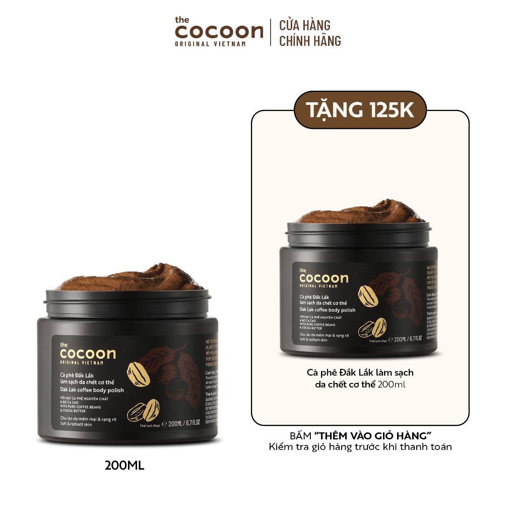 🆗.(Đã bán 164,3k) Tẩy da chết cơ thể cà phê Đắk Lắk Cocoon cho làn da mềm mại và rạng rỡ 200ml