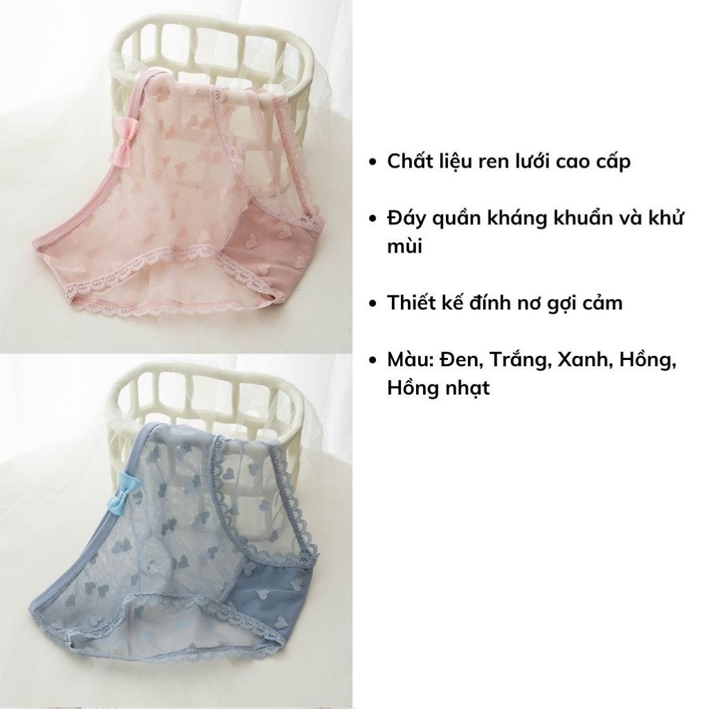 Quần lót nữ ren lưới cao cấp siêu mỏng sexy đính nơ kèm họa tiết dễ thương gợi cảm LANIXA  L256