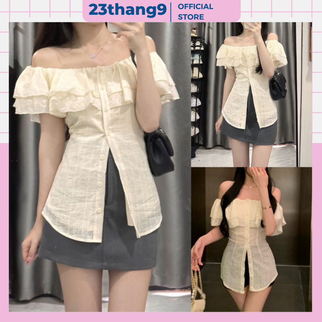 [FLASH SALE] Áo sơ mi kiểu , Áo sơ mi trễ vai tay Dài nữ bánh bèo hàng thiết màu kem màu trắng kế chất gân trẻ trung
