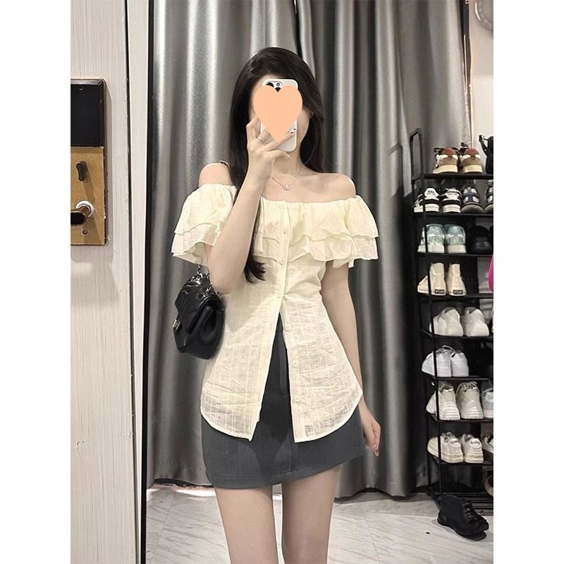 [FLASH SALE] Áo sơ mi kiểu , Áo sơ mi trễ vai tay Dài nữ bánh bèo hàng thiết màu kem màu trắng kế chất gân trẻ trung