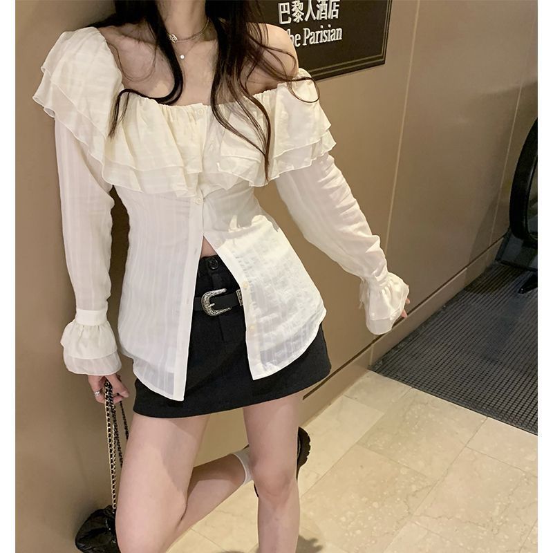 [FLASH SALE] Áo sơ mi kiểu , Áo sơ mi trễ vai tay Dài nữ bánh bèo hàng thiết màu kem màu trắng kế chất gân trẻ trung