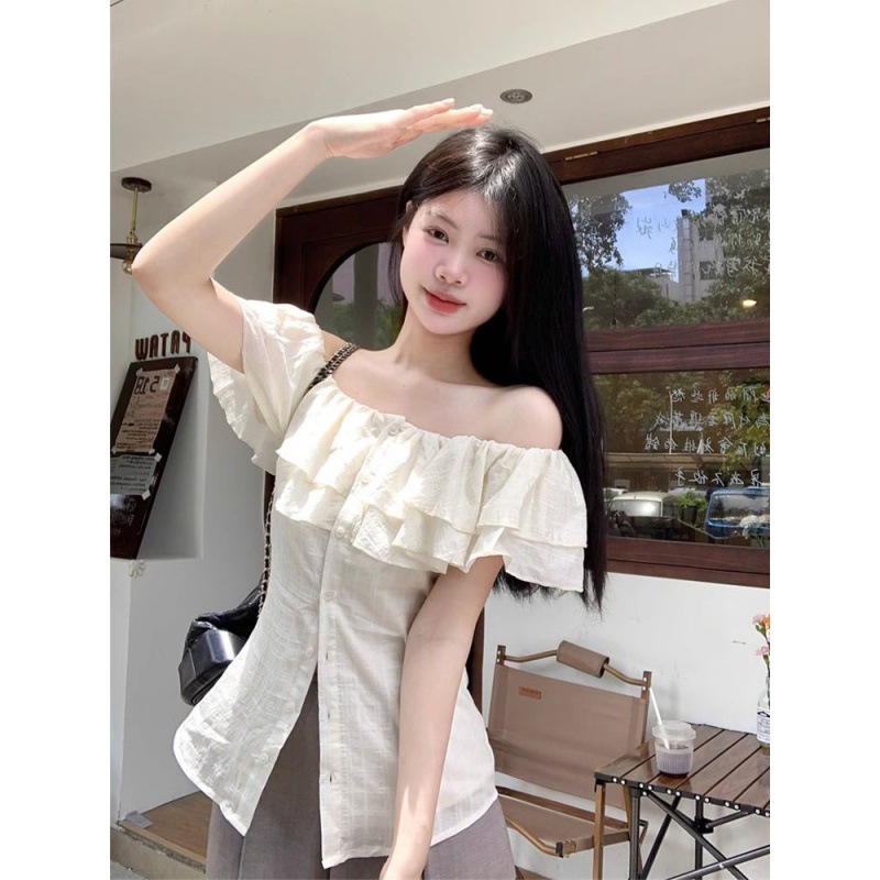 [FLASH SALE] Áo sơ mi kiểu , Áo sơ mi trễ vai tay Dài nữ bánh bèo hàng thiết màu kem màu trắng kế chất gân trẻ trung