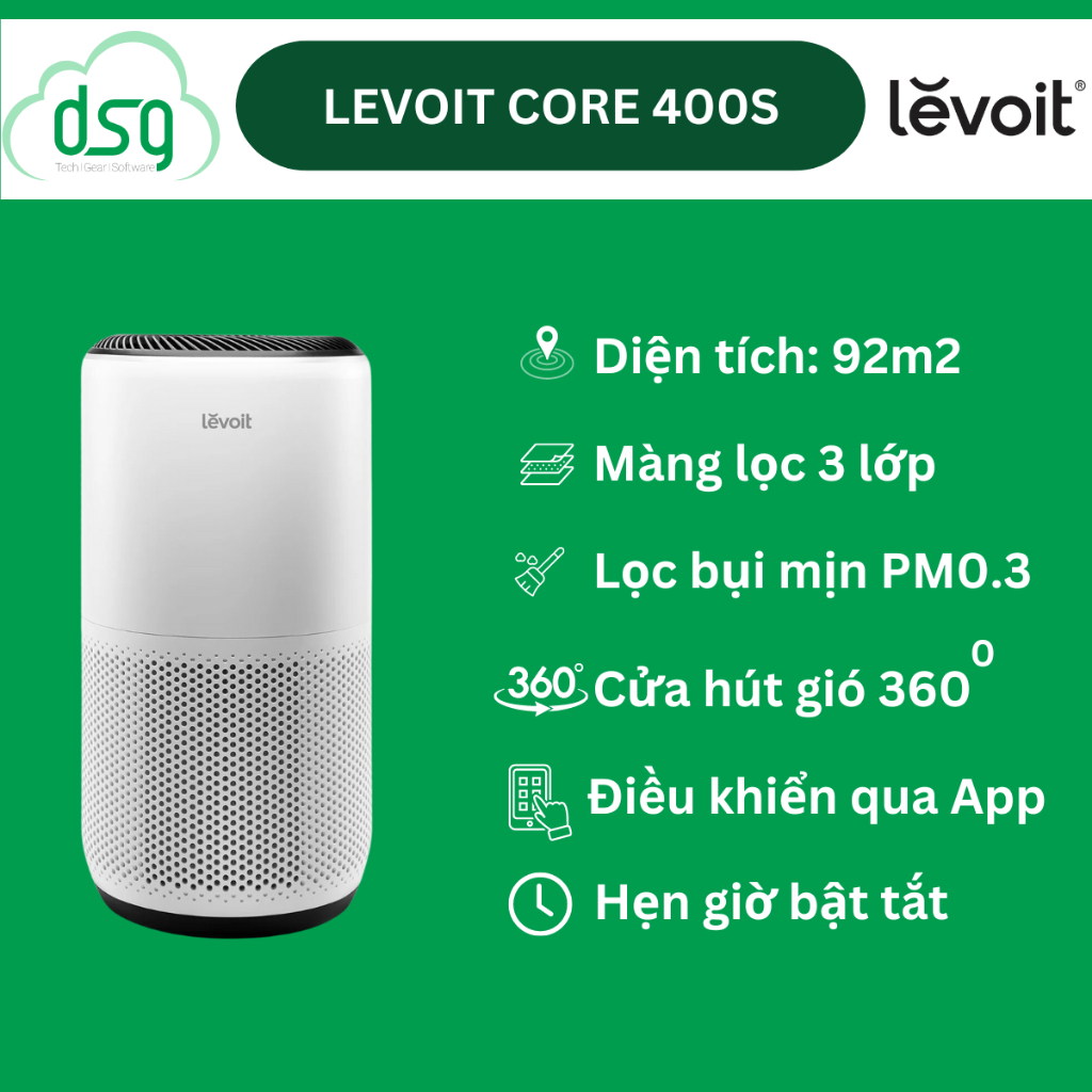 Máy Lọc Không Khí Levoit Core 400S 92m2 Bộ Lọc HEPA 13 Lọc Bụi Mịn