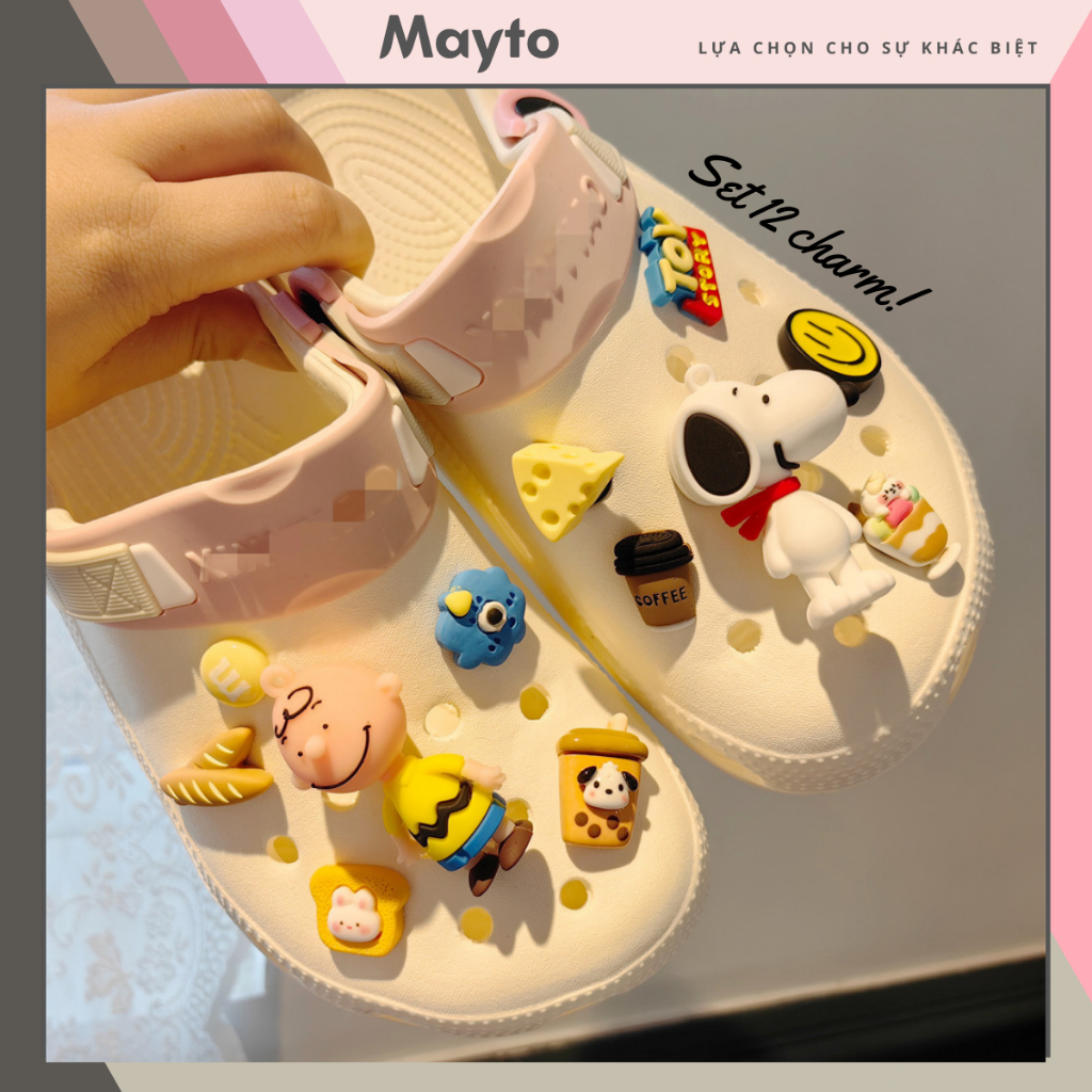 Set 12 Sticker, Charm 3D chủ đề chó Sn00py 12 DIY Mayto gắn Cross, Dép ...