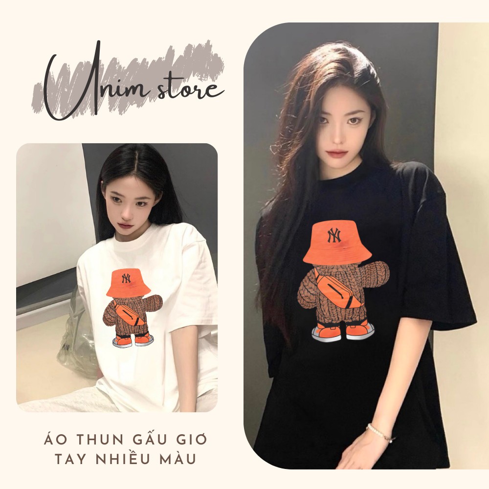 [Siêu tốc 4h] Áo Thun Đôi Gấu Đội Mũ NY Cotton Cao Cấp 250 Gsm Form Rộng Unisex Nhiều Màu AP189
