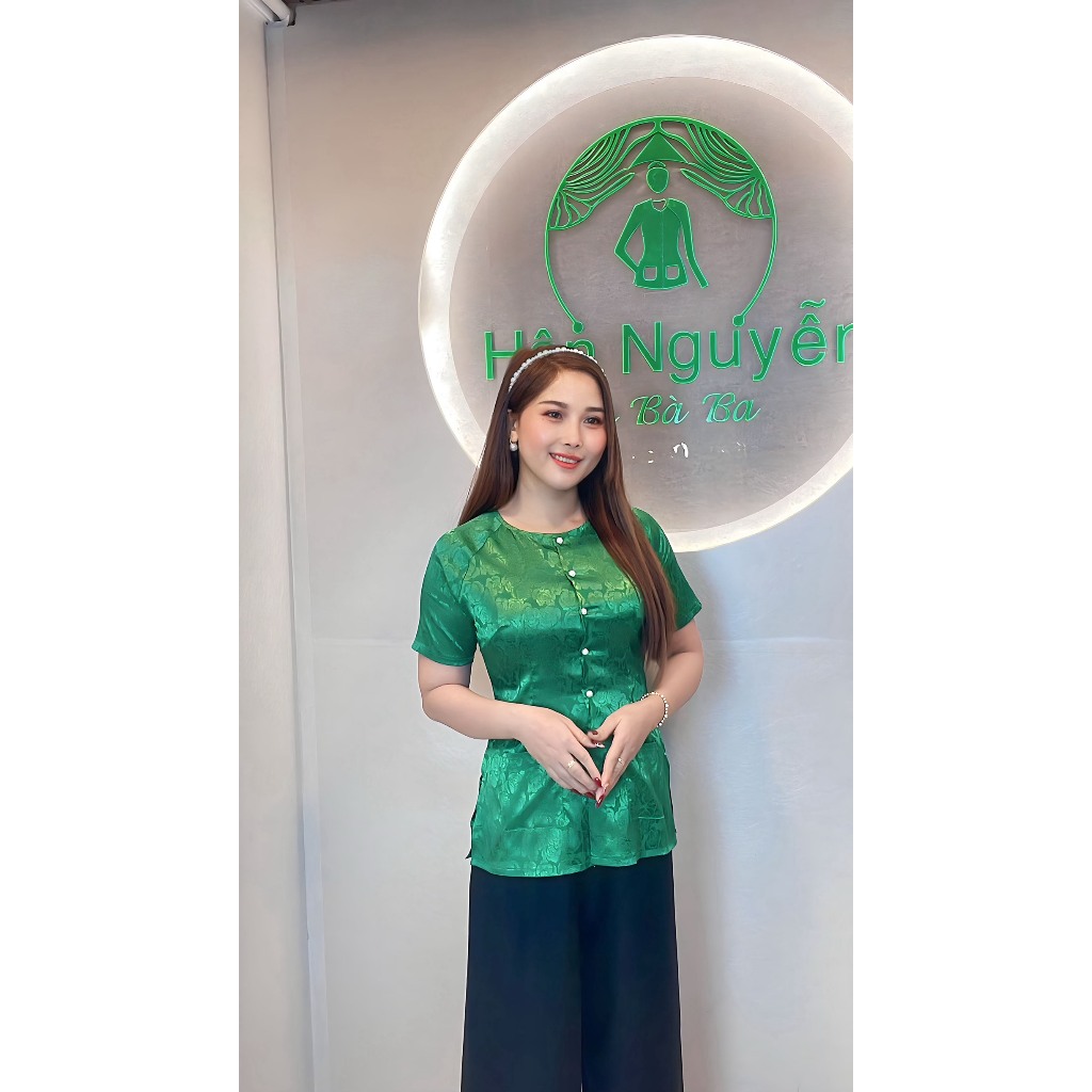 Hân Nguyễn Áo Bà Ba - B.A86 - ( ÁO LẺ ) Bà Ba Gấm Hoa Có Túi Tay Ngắn Cài Nút