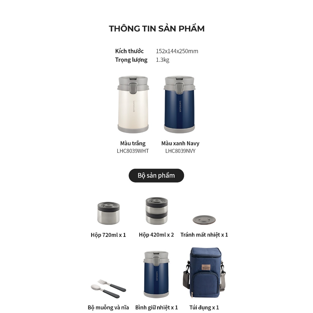 Bộ hộp cơm giữ nhiệt LocknLock LHC8039 2L Màu Trắng có túi đựng, 3 hộp đựng và bộ muỗng nĩa - K-MALL