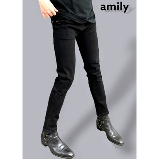 Quần jean nam AMILY Đen trơn , Quần bò vải Denim dày dặn dáng skinny rách gối có BIGSIZE