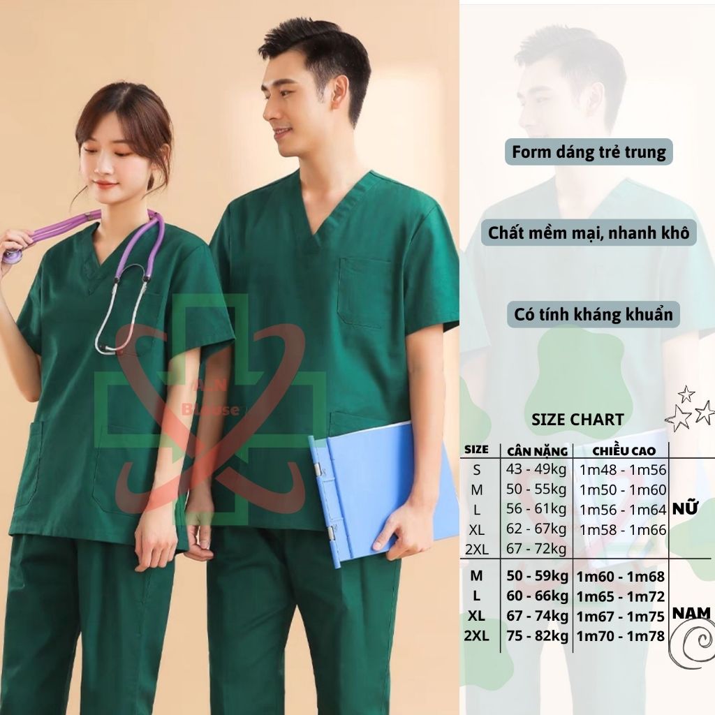 Bộ scrubs vải Lon cổ V XANH LÁ phục vụ cho phòng khám, spa và các cơ sở y tế, bệnh viện