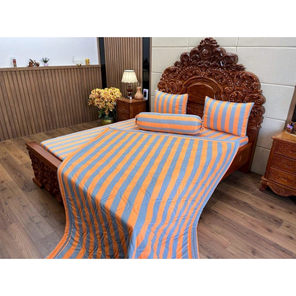 (ôm cột dây ) Bộ ga thun hàn quốc, thoáng mát, thấm hút, không xù lông, mẫu SỌC CAM