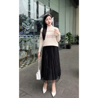 Áo len nữ vặn thừng cổ 5 phân tay dài chất len lông thỏ phối hoạ tiết cây thông trẻ trung năng động dễ phối đồ