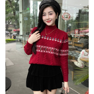 Áo len nữ vặn thừng cổ 5 phân tay dài chất len lông thỏ phối hoạ tiết cây thông trẻ trung năng động dễ phối đồ