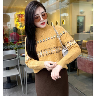Áo len nữ vặn thừng cổ 5 phân tay dài chất len lông thỏ phối hoạ tiết cây thông trẻ trung năng động dễ phối đồ