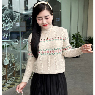 Áo len nữ vặn thừng cổ 5 phân tay dài chất len lông thỏ phối hoạ tiết cây thông trẻ trung năng động dễ phối đồ