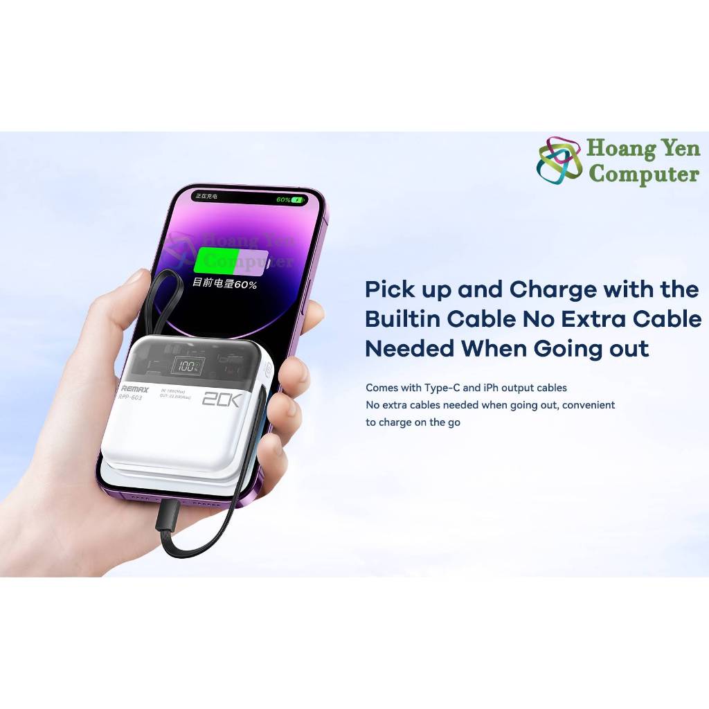 [Có CCC] Sạc Dự Phòng Mini Remax RPP-603 20000Mah (Sạc Nhanh QC3.0, VOOC 2.0, PD20W), Tích Hợp Cáp Sạc - BH 1 Năm